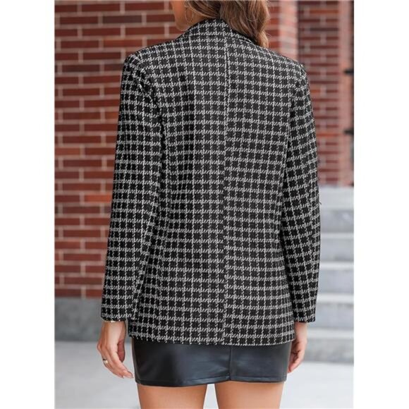 Women's Plaid Tweed Blazer Long Sleeve Double Breasted Open Front Jacket Suit - Picture 6 of 8